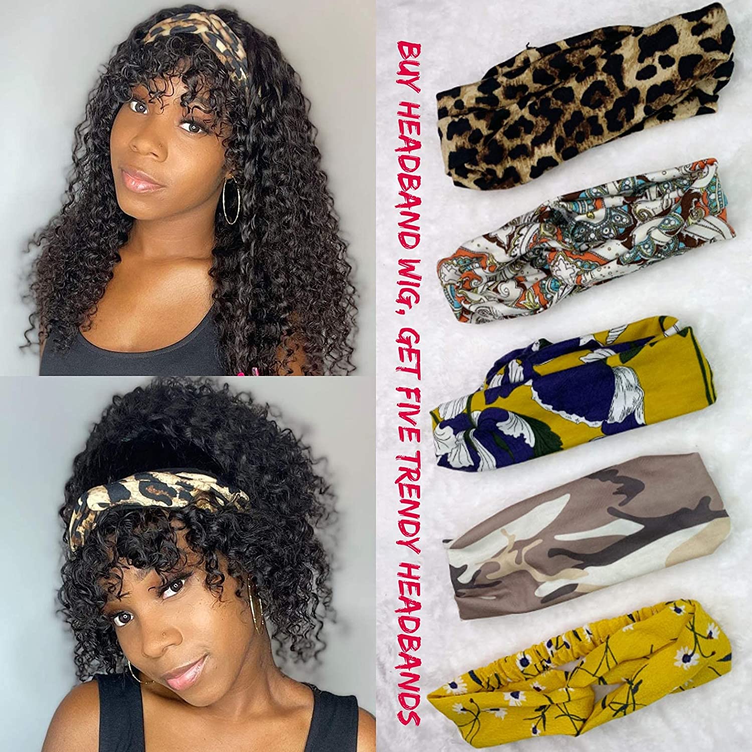 Headband Wigs With Bangs Deep Wave Short Curly Wig Human Hair For Women Glueless Natural Black