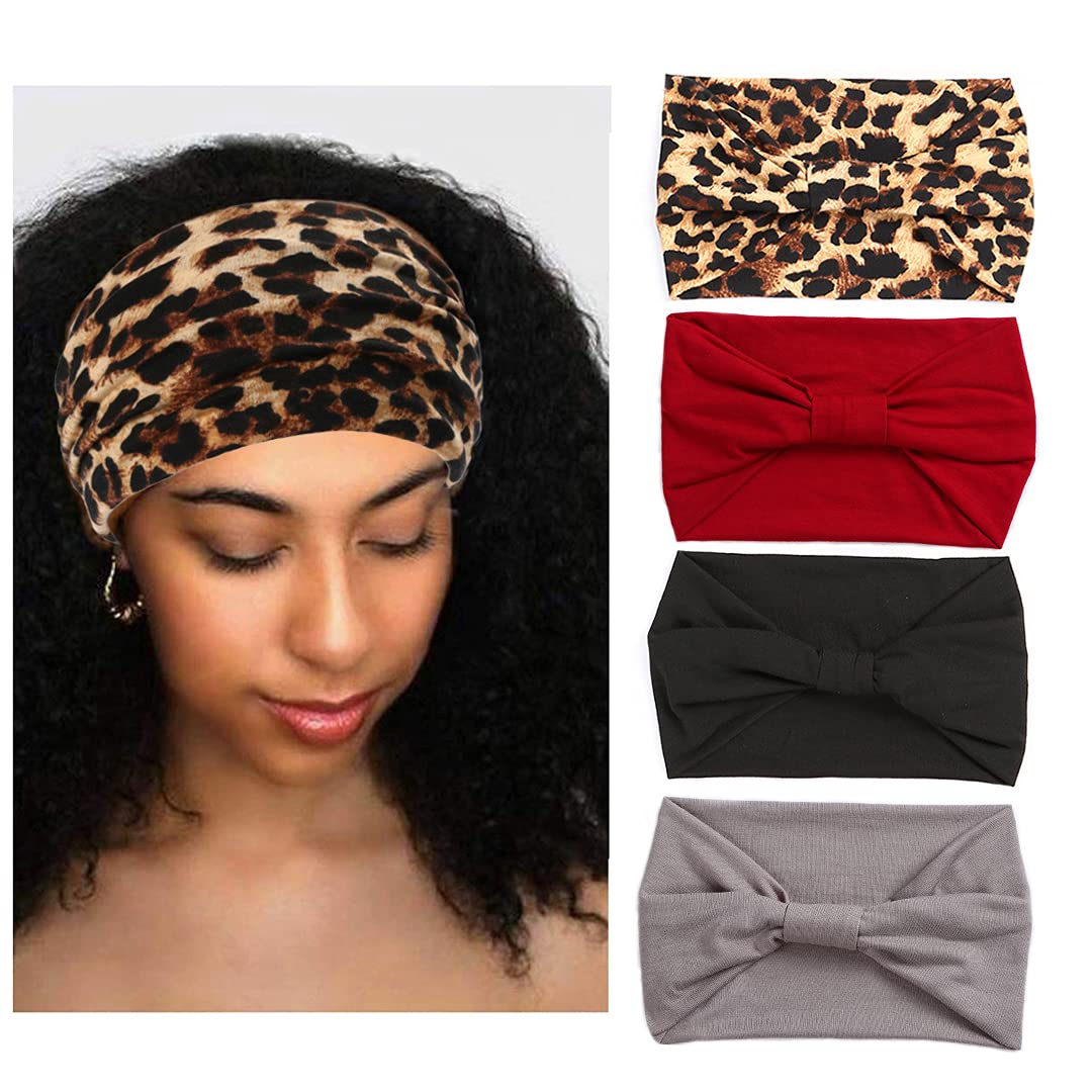 Xtrend 4 Pack Boho Wide Headbands for Women Yoga Sport Workout Running Headband Large African Head Wrap