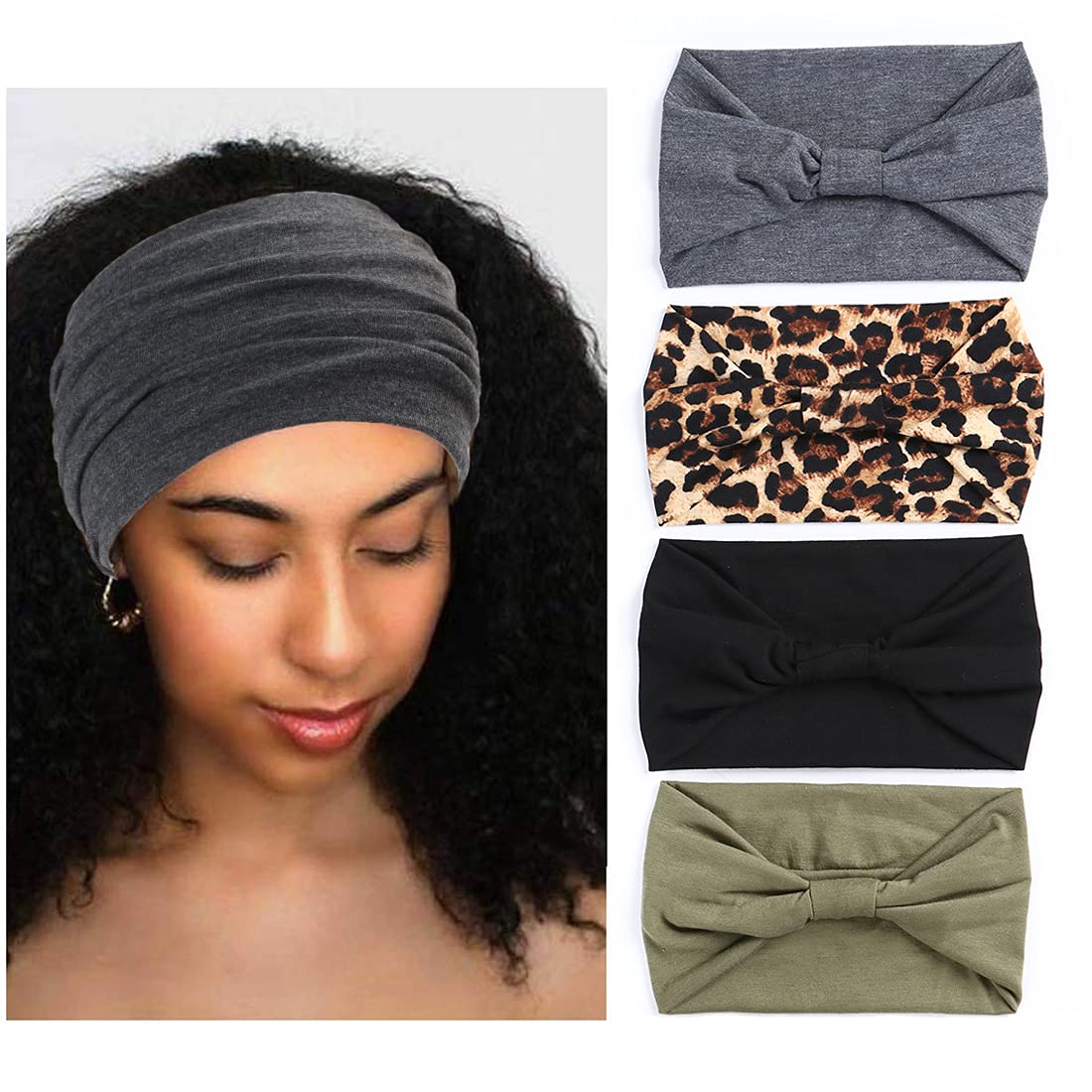 Xtrend 4 Pack Boho Wide Headbands for Women Yoga Sport Workout Running Headband Large African Head Wrap