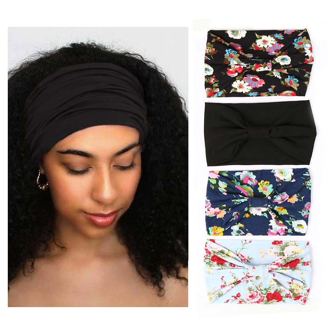 Xtrend 4 Pack Boho Wide Headbands for Women Yoga Sport Workout Running Headband Large African Head Wrap