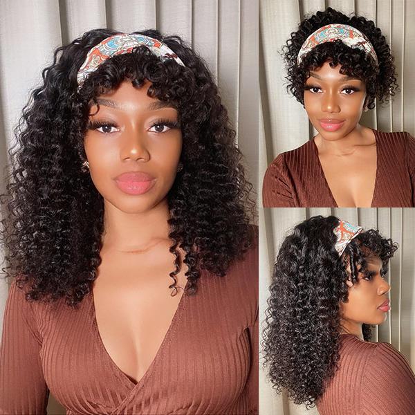 Headband Wigs With Bangs Deep Wave Short Curly Wig Human Hair For Women Glueless Natural Black