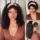 Headband Wigs With Bangs Deep Wave Short Curly Wig Human Hair For Women Glueless Natural Black