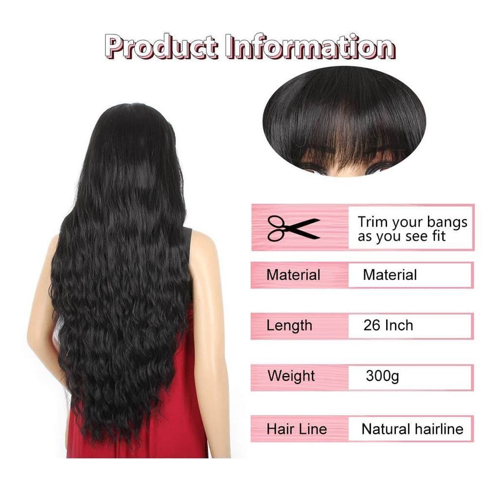 Xtrend 26 Inch Black Wigs With Bangs Synthetic Heat Resistant Curly Wa ...