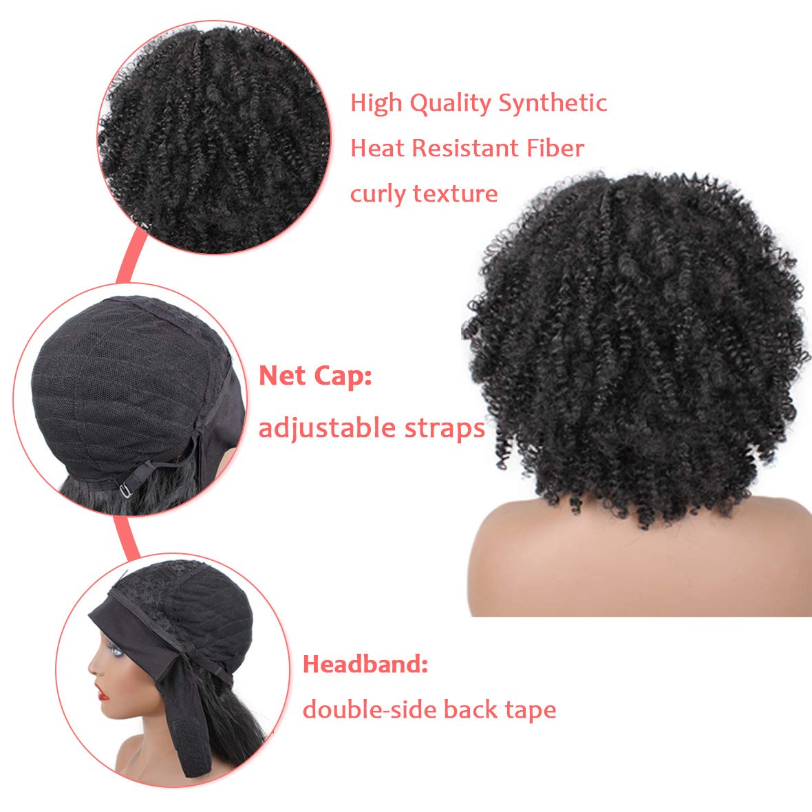 Headband Wig Afro Kinky Curly Synthetic Hair Wigs 8 Inch Short Natural Black