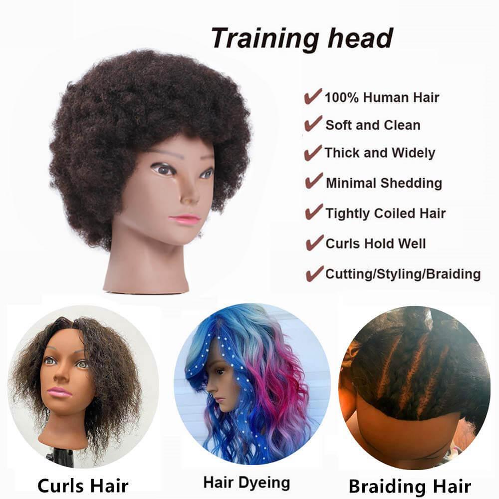 Afro Mannequin Head with 100% Human Hair Cosmetology Doll Head Hairdresser Training Head Manikin Head for Practice Styling Braiding Hair