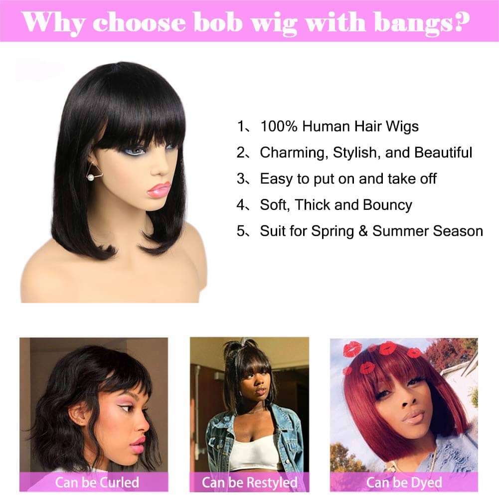 Short Bob Wigs Human Hair With Bangs Brazilian Virgin Straight Human Hair Wigs Glueless None Lace Front Wigs