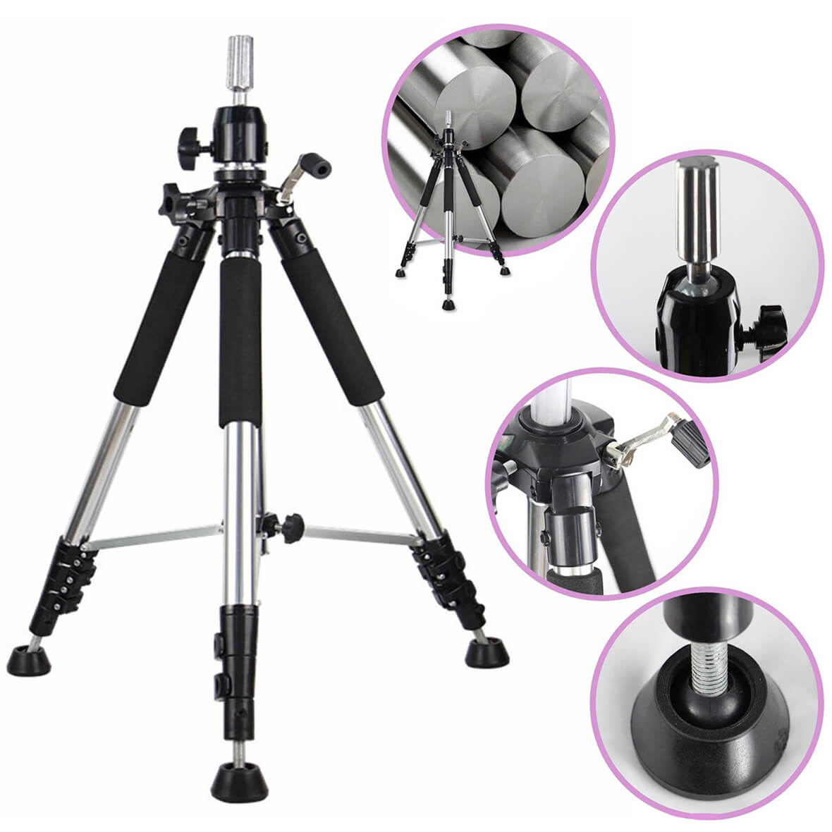 Adjustable Wig Stand Tripod Mannequin Head Stand For Cosmetology  Hairdressing Training With Wig Caps,T-Pins,Clips, Carrying Bag