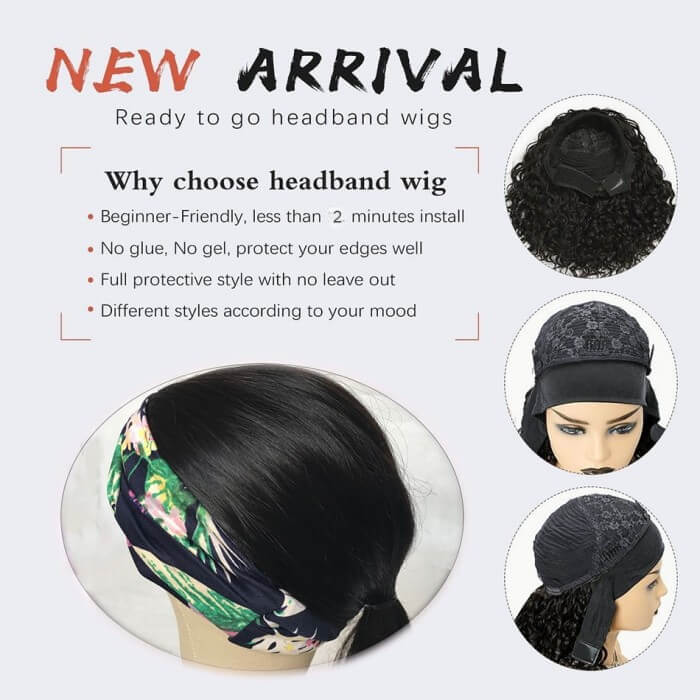 Xtrend Headband Wig Short Bob Wig Water Wave Human Hair Wigs Natural Black Wigs
