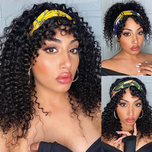 Headband Wigs With Bangs Deep Wave Short Curly Wig Human Hair For Women Glueless Natural Black