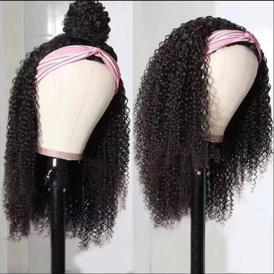 Headband Wig Human Hair Kinky Curly Wigs Machine Made Malaysian Jerry Curly Remy Human Hair Scarf Wigs